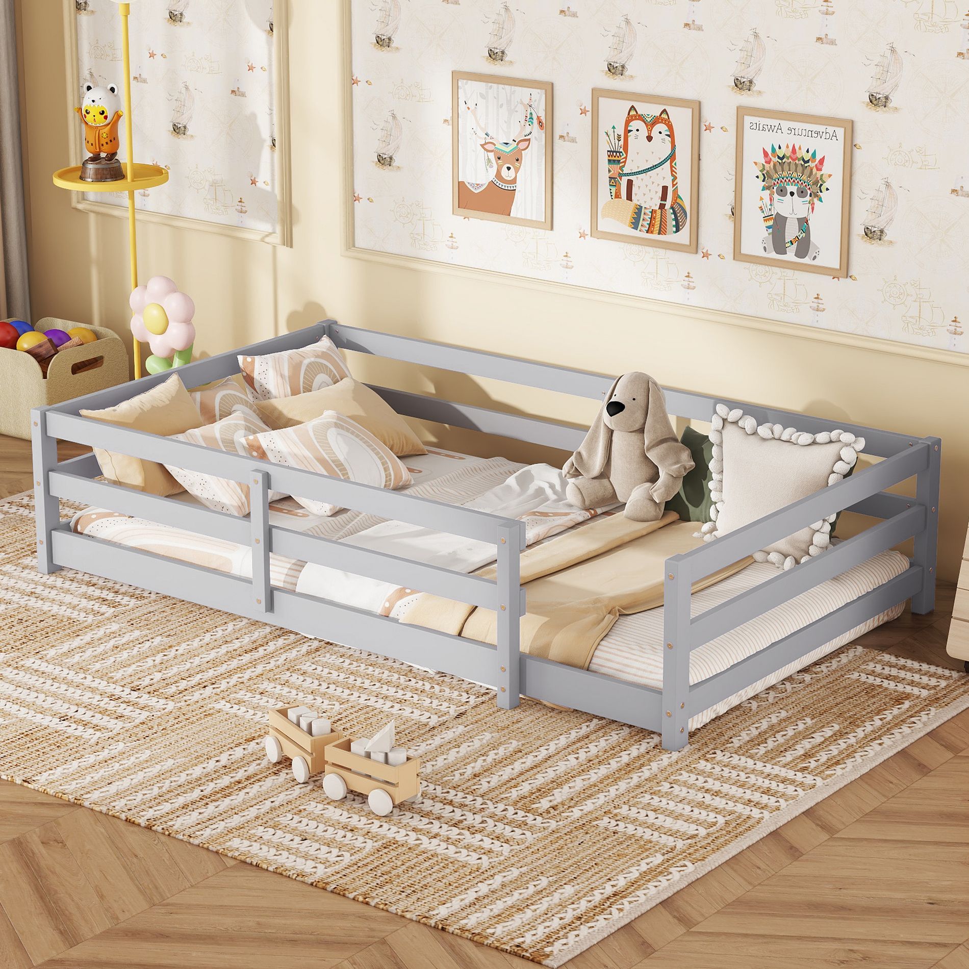 Floor Bed, Montessori Floor Bed with Fence, Kids Montessori Bed Twin Size, Wood Montessori Floor Bed for Kids, Girls, Boys