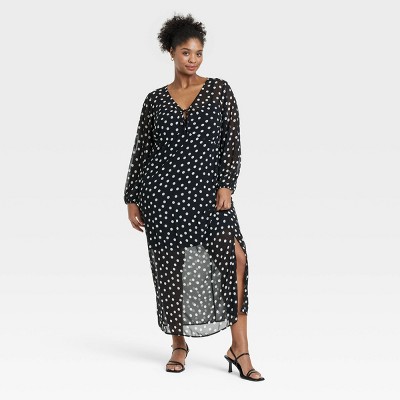 Women's Balloon Long Sleeve Maxi Shift Dress - Ava & Viv™ Black Polka Dots 3X