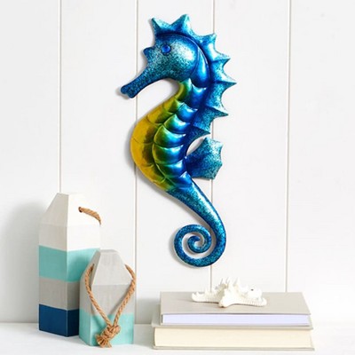 Vibrant Blue and Green Metal Seahorse Wall Sculpture