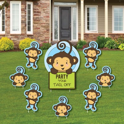 Big Dot of Happiness Blue Monkey Boy - Yard Sign & Outdoor Lawn Decorations - Baby Shower or Birthday Party Yard Signs - Set of 8