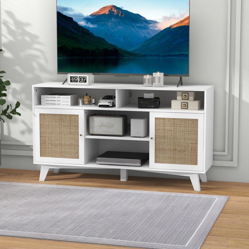 HOMCOM TV Stand Cabinet for TVs up to 65", Boho Entertainment Center with Rattan Doors, Adjustable Shelves and 4 Open Shelves for Living Room, White, 2 of 7