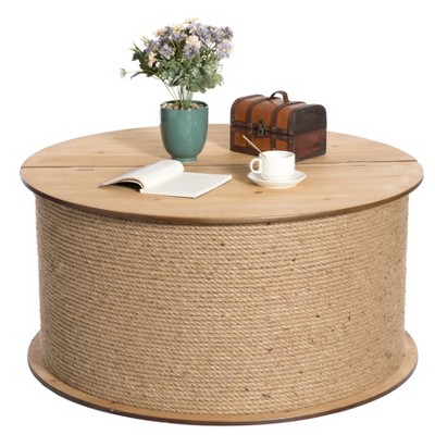 Vintiquewise Decorative Round Spool Shaped Wooden Coffee Table with Rope Lift Top Storage