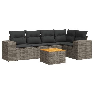 vidaXL 6 Piece Patio Sofa Set with Cushions Gray Poly Rattan - 2x Middle + Table + Corner - 1 of 4