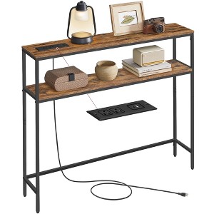 Console Table with Power Outlet, 39.4 Inch Narrow Sofa Table with 2 Shelves, Charging Station for Living Room Entryway, Rustic Brown & Black - 1 of 4