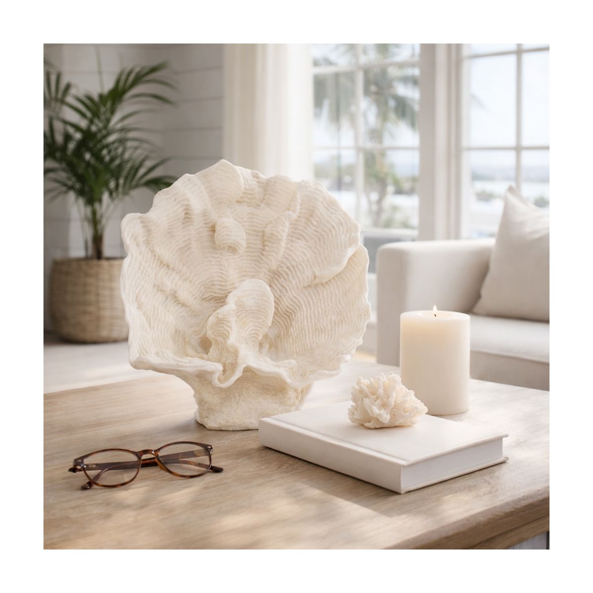 Decorative Coral Inspired Sculpture for Home, Bathroom and Living Room Decor - Coastal Resin Ornaments for Shelf and Office Display - 6", Ivory & Tan
