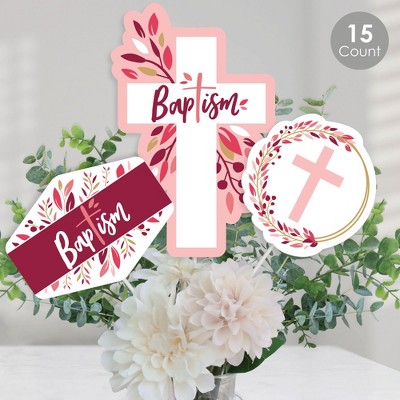Big Dot of Happiness Baptism Pink Elegant Cross - Girl Religious Party Centerpiece Sticks - Table Toppers - Set of 15