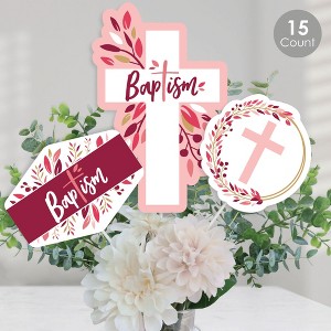 Big Dot of Happiness Baptism Pink Elegant Cross - Girl Religious Party Centerpiece Sticks - Table Toppers - Set of 15 - 1 of 4