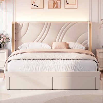 Merax Modern Velvet Upholstered LED Bed Frame with Wingback Headboard & Storage Drawers