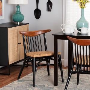 bali & pari Parthenia Mid-Century Modern Two-Tone Black and Walnut Brown Finished Mahogany Wood and Natural Rattan Dining Chair - 1 of 4