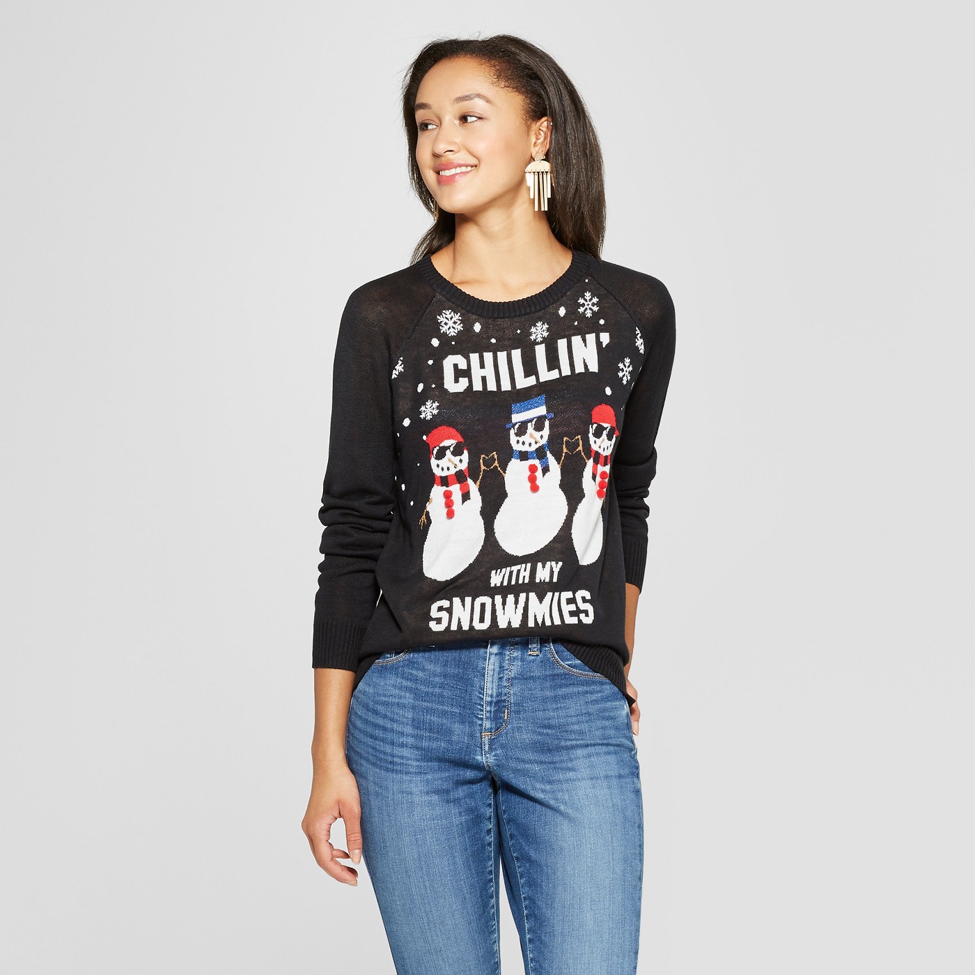 Women's Chillin with my Snowmies Ugly Sweater - Well Worn (Juniors') Black - image 1 of 2