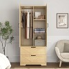 ORRD 2 Door Wardrobe with Mirror & Sensor Light, Modern Wood Closet with Hanging Rod & 2 Drawers, Natural Finish - 3 of 4