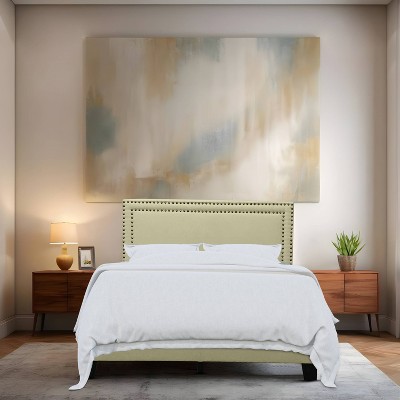 Adam Beige Linen Upholstered Queen Bed with Nailhead Trim