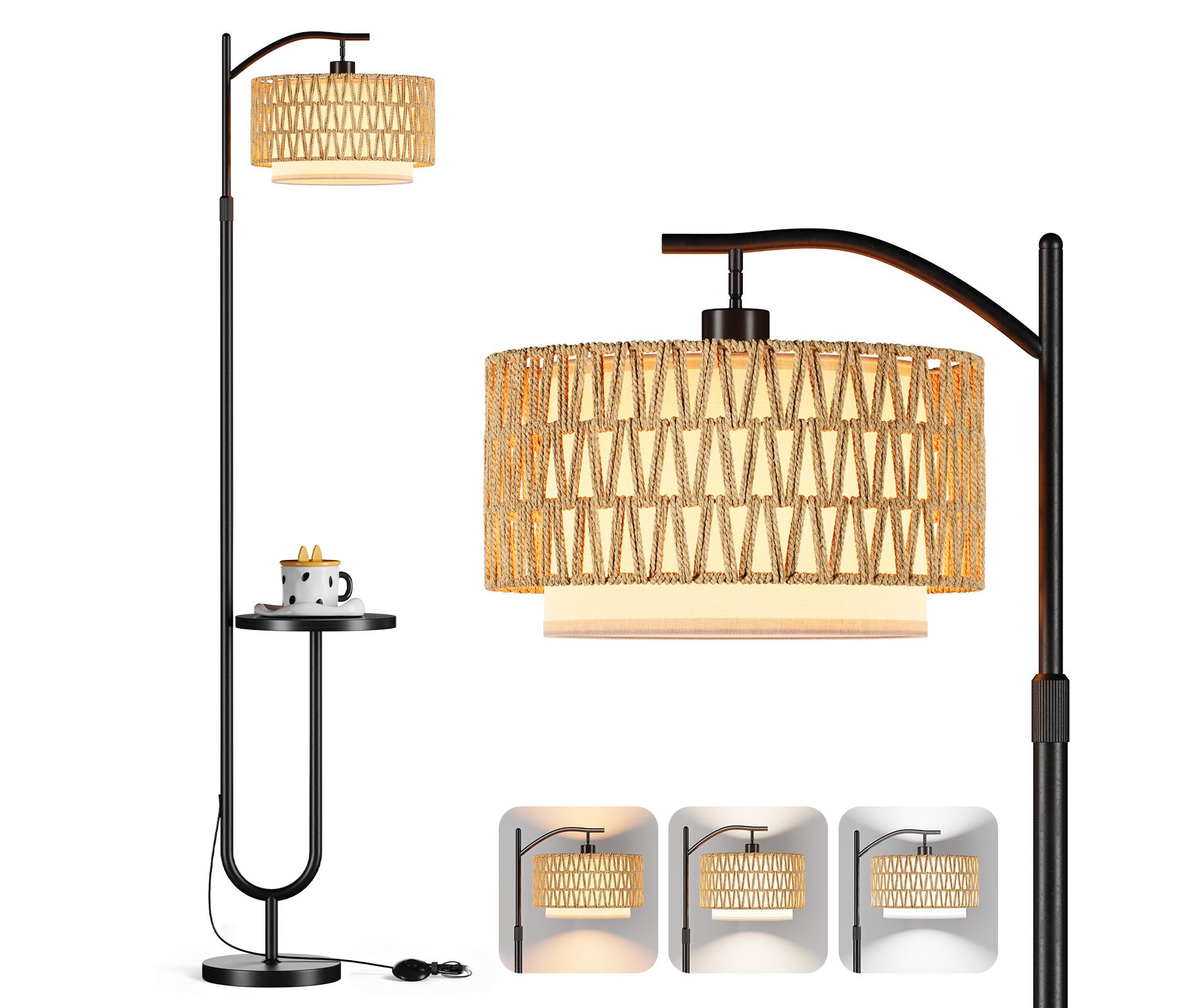 Floor Lamp for Living Room Adjustable with Side Table, Rattan Shade, Remote & Foot Switch