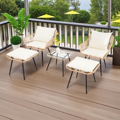 5-Piece Outdoor Wicker Bistro Chairs Set with 2 Armchair, 2 Ottoman, and Glass Coffee Table