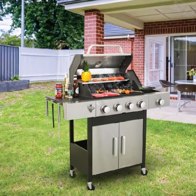 Dolonm 4+1 Burner Grill w/Dual Frying Plates, 46,790BTU, Enamel Cast Iron Grids & Lockable Casters