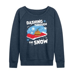 Women's - SpongeBob SquarePants - Dashing Through The Snow Lightweight French Terry Wide Neck Long Sleeve Shirt - 1 of 4