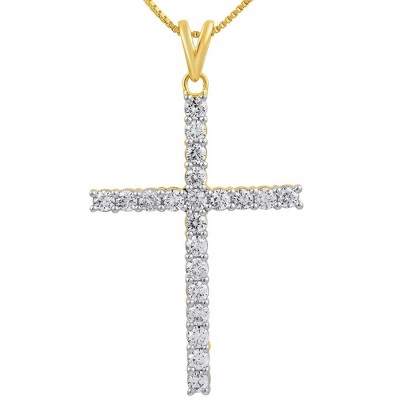 Pompeii3 1Ct Yellow Gold Diamond Cross Pendant 10k Yellow Gold Necklace (3/4 inch tall)