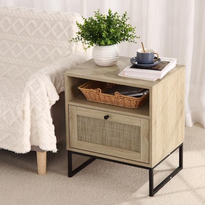 Rattan End Table with Drawer and Shelf, Boho Nightstand and Farmhouse Accent Table for Bedroom or Living Room