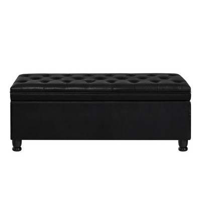 Vynxaria Upholstered tufted button storage bench ,Faux leather entry bench with spindle wooden legs, Bed bench- Black