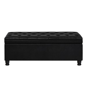 Vynxaria Upholstered tufted button storage bench ,Faux leather entry bench with spindle wooden legs, Bed bench- Black - 1 of 4