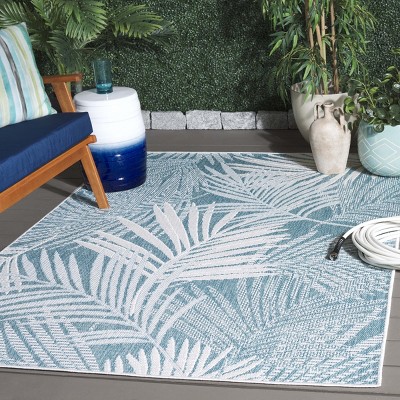 Aqua and Ivory Palm Leaf Pattern Synthetic Rectangular Area Rug