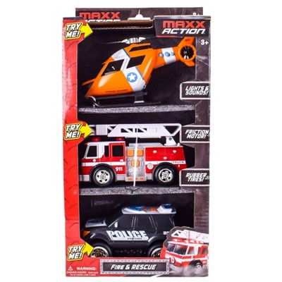 Maxx Action Mini Rescue Lights & Sounds Vehicles – Firetruck, Police Car and Helicopter - 3 pk