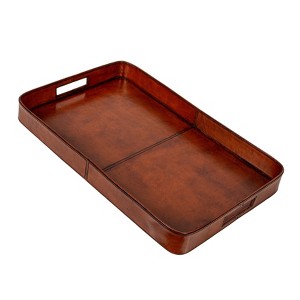 Storied Home Decorative Wood and Leather Tray with Handles, Cognac Color - 1 of 4