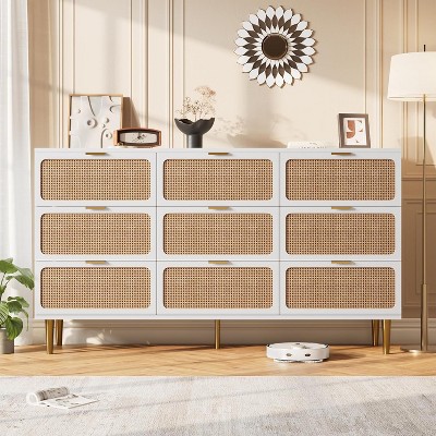 Acekool 9 Drawer Rattan Dresser for Bedroom, Tall Chest of Drawers with Wide Top, Storage Organizer, Black