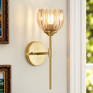 POWLIG 14.57-in 1-Light Amber Gold Iron Armed Wall Sconce With Tulip Glass Lampshade - 1 of 4