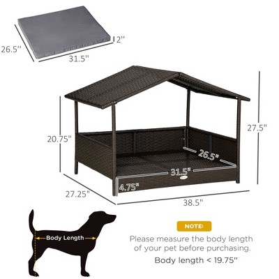 Gray Wicker Outdoor Dog House with Canopy and Water-Resistant Cushion