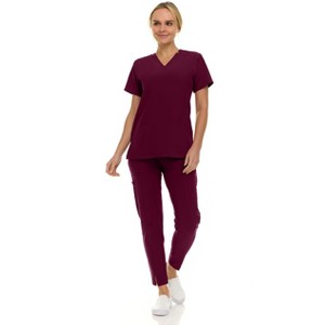 Saint Scrubs Womens 9-Pocket Medical Uniform Set- V-Neck Stretch Top with Tapered Straight Leg Pants - 1 of 4