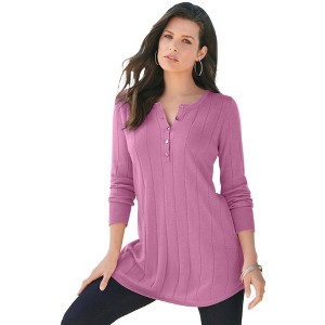 Roaman's Women's Plus Size Fine Gauge Drop Needle Henley Sweater - 1 of 4
