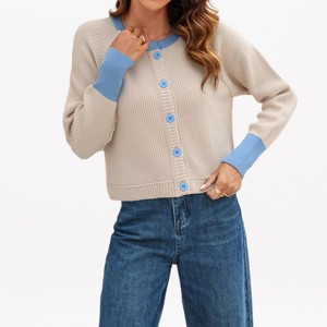 YESFASHION Womens Colorblock Crew Neck Cardigan Sweater Long