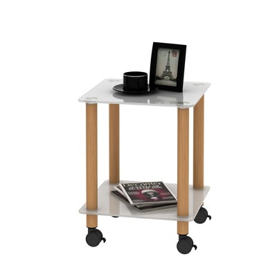 Infurnic Desks, Small Square Table with Two-tier Storage Rack and wheels, Modern Table for Home Bedroom, White, 15.75"*15.75"*14.6"