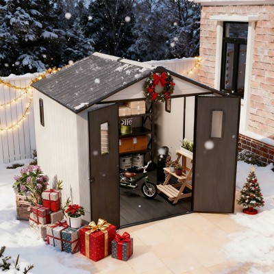 EAGLE PEAK  Resin Outdoor Storage Shed, Garden Shed with Floor and Lockable Doors, Tool and Equipment Storage, White/Gray