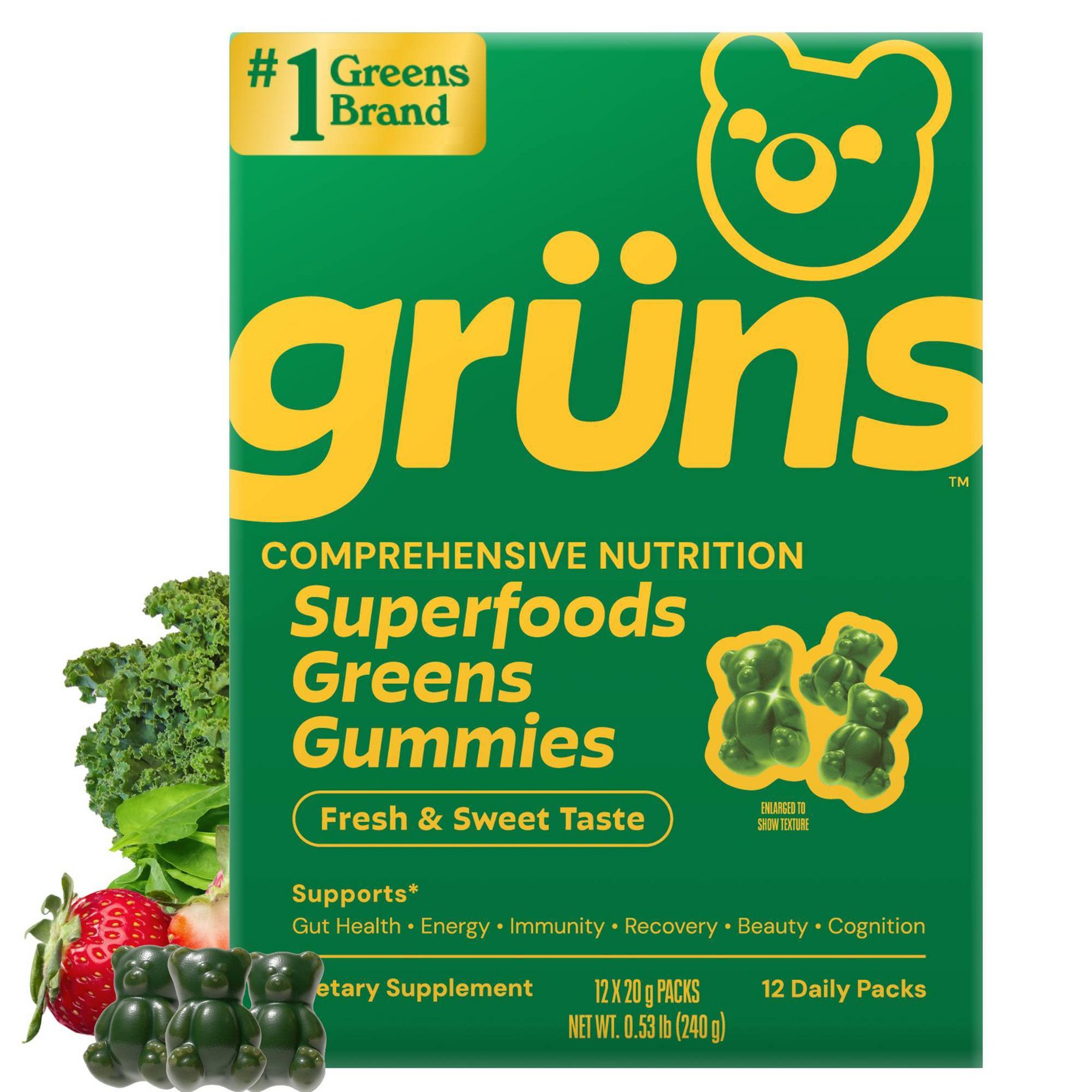 Grüns Adult Low Sugar Superfoods Greens Gummies - 96ct/12 Servings