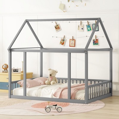 Gray Full Floor Bed, Wooden, House Roof, Safety Rails