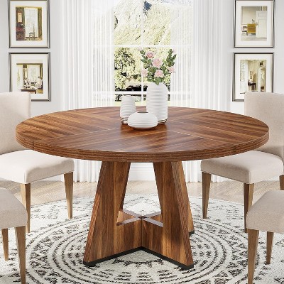 Okak Farmhouse Wood Large Round Dining Table with Cross Base,Wooden Kitchen Dinner Table for Dining Room,Breakfast Nook