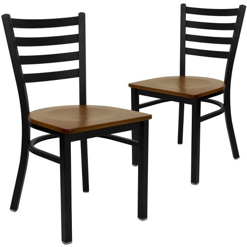 Emma and Oliver 2 Pack Black Ladder Back Metal Restaurant Chair Cherry Wood Seat