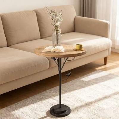 Homy Casa Round Accent Table with Decorative Metal Base and Wood Top, Bird Branch Design, Natural Oak