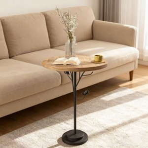 Homy Casa Round Accent Table with Decorative Metal Base and Wood Top, Bird Branch Design, Natural Oak - 1 of 4