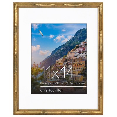 Americanflat 11x14 Picture Frame with Bamboo Design and Shatter-Resistant Glass - Use as 8x10 Frame with Mat or Display 11x14 Photo Without Mat - Gold