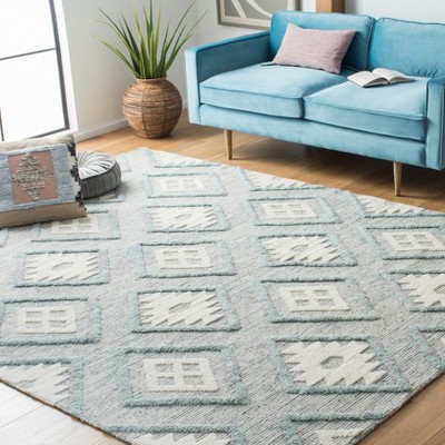 Blue and Ivory Hand-Knotted Wool Rectangular Area Rug