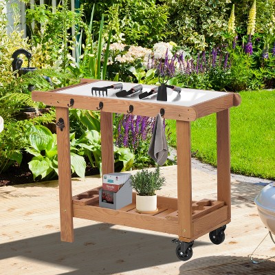 Whisen Wooden Garden Cart with Wheels & Metal Top