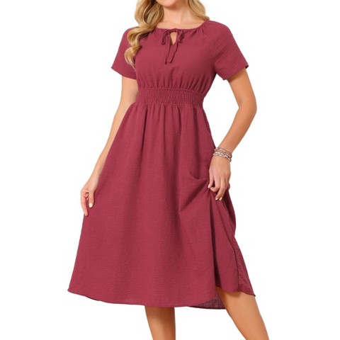 Женские платья INSPIRE CHIC Women's Summer Smocked Waist Short Sleeve Tie V Neck A-line Flowy Beach Midi Dresses X-Large Wine Red