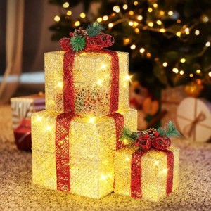Angel Sar 3-Piece Golden Gift Box Set, 10/8/6 Inch Outdoor Christmas Decorations with 5M Power Cord, US Plug - 1 of 4