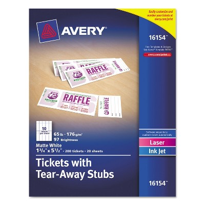 Avery Printable Tickets w/Tear-Away Stubs 8 1/2 x 11 White 10/Sheet 20Sheets/Pack 16154