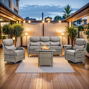 Buenhomino 5Pcs Patio Furniture Set with Fire Pit - Wicker Patio Conversation Set with Swivel Glider, Wicker Sofa, Tempered Side Table,6-inch Cushion - 1 of 4