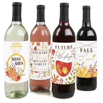 Big Dot of Happiness Fall Foliage Bride - Autumn Leaves Bridal Shower and Wedding Party Decorations - Wine Bottle Label Stickers - Set of 4