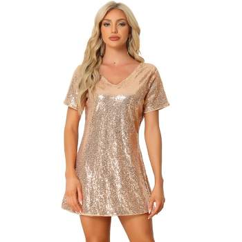 Allegra K Women's Glitter Sequin V Neck Short Sleeve Mini Clubwear Party Dress